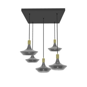 18" Square Metal Chandelier: 5 Pendant Black and Brass with Oversized Smoke UFO Bulb