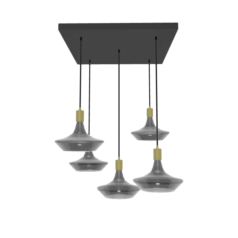 18" Square Metal Chandelier: 5 Pendant Black and Brass with Oversized Smoke UFO Bulb