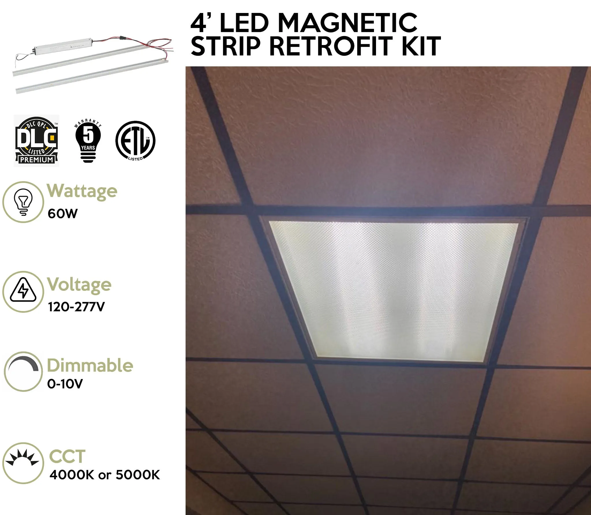 4 Foot LED Magnetic Strip Retrofit Kit for Linear Fixtures, 60W, 120-277V, 5000K