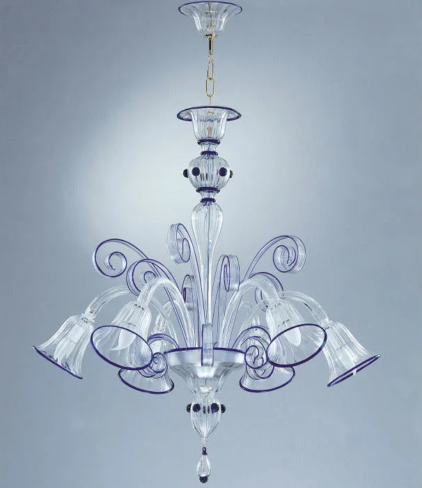 6 Light Murano Chandelier With Blue Trim