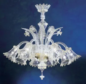 8 Light Clear Murano Glass Flower Chandelier & Gold Trim