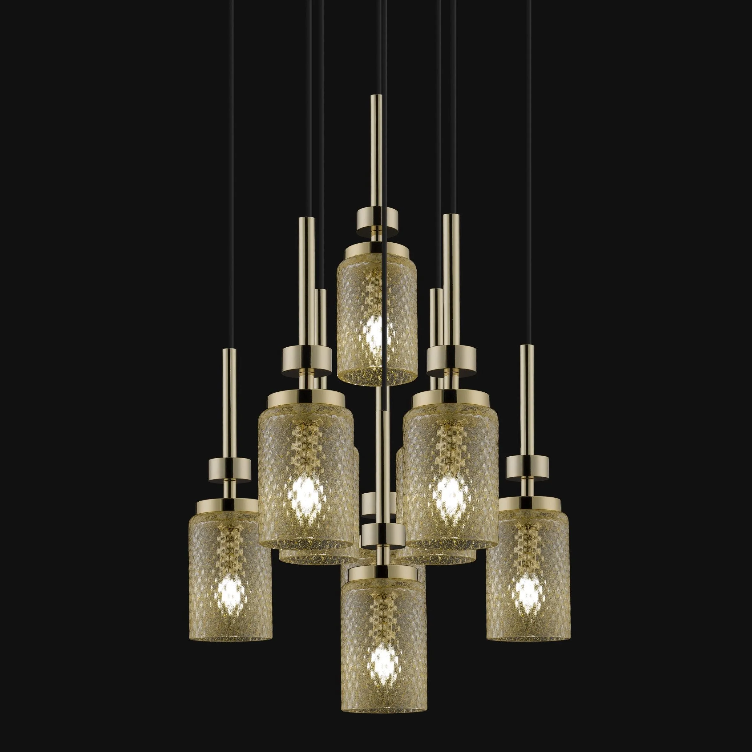 9 Pendant Gold Glass Chandelier - Diamonded Patterned Textured Glass