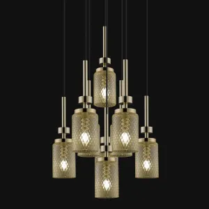 9 Pendant Gold Glass Chandelier - Diamonded Patterned Textured Glass