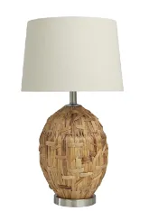 BROWN WICKER HANDMADE WOVEN TABLE LAMP WITH ZIG ZAG PATTERN AND GOLD BASE