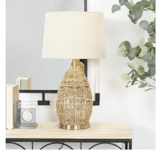 BROWN WICKER HANDMADE WOVEN TABLE LAMP WITH ZIG ZAG PATTERN AND GOLD BASE