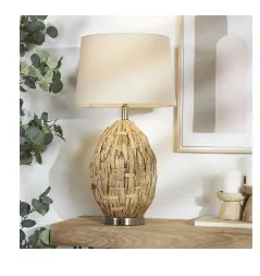 BROWN WICKER HANDMADE WOVEN TABLE LAMP WITH ZIG ZAG PATTERN AND GOLD BASE
