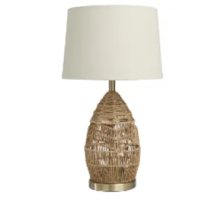 BROWN WICKER HANDMADE WOVEN TABLE LAMP WITH ZIG ZAG PATTERN AND GOLD BASE