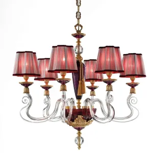 Classic Italian Glass Chandelier With Red Crystal Details & Lampshades