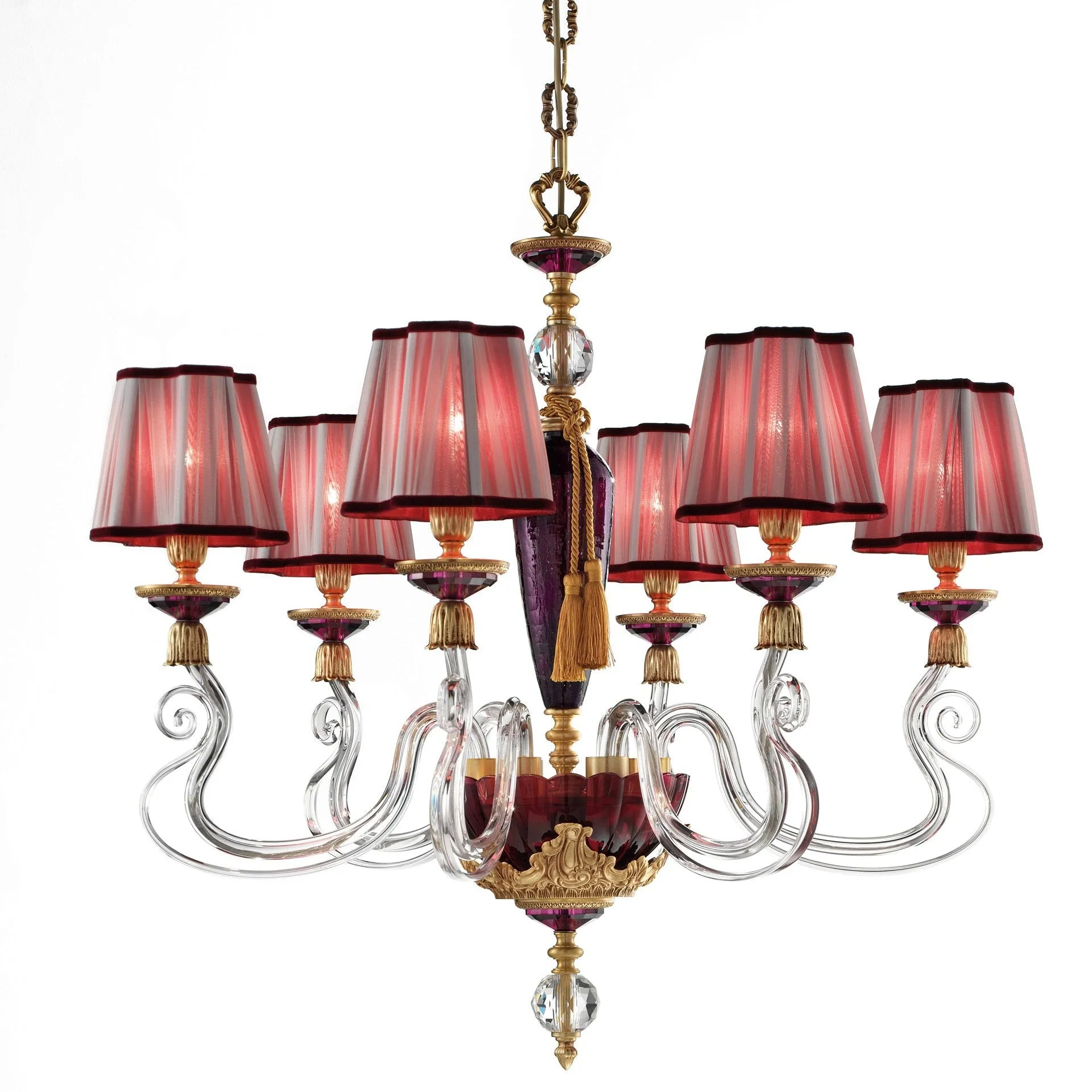 Classic Italian Glass Chandelier With Red Crystal Details & Lampshades