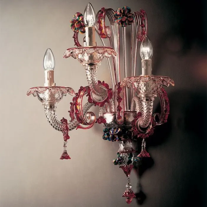 Clear And Red Glass Murano Wall Light With Coloured Flowers