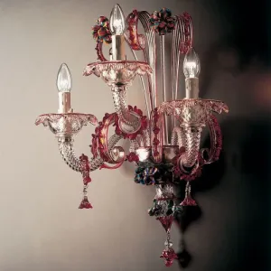 Clear And Red Glass Murano Wall Light With Coloured Flowers