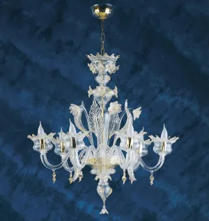 Clear Murano Glass 6  Arm Chandelier With Gold Accents