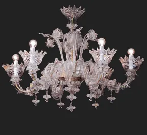 Clear Murano Glass 6 Light Chandelier With Gold Trim