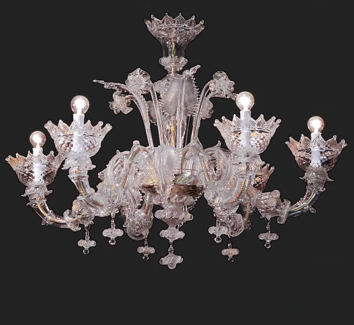 Clear Murano Glass 6 Light Chandelier With Gold Trim