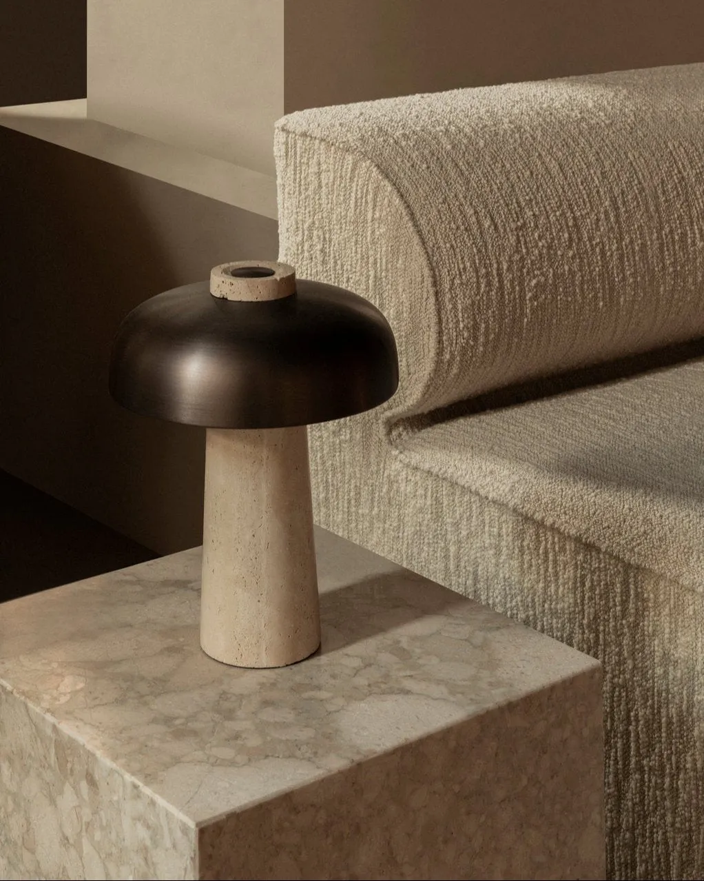 Curved Aluminium and Travertine Table Lamp | Reverse