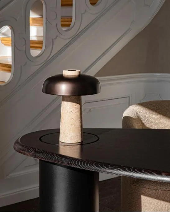 Curved Aluminium and Travertine Table Lamp | Reverse