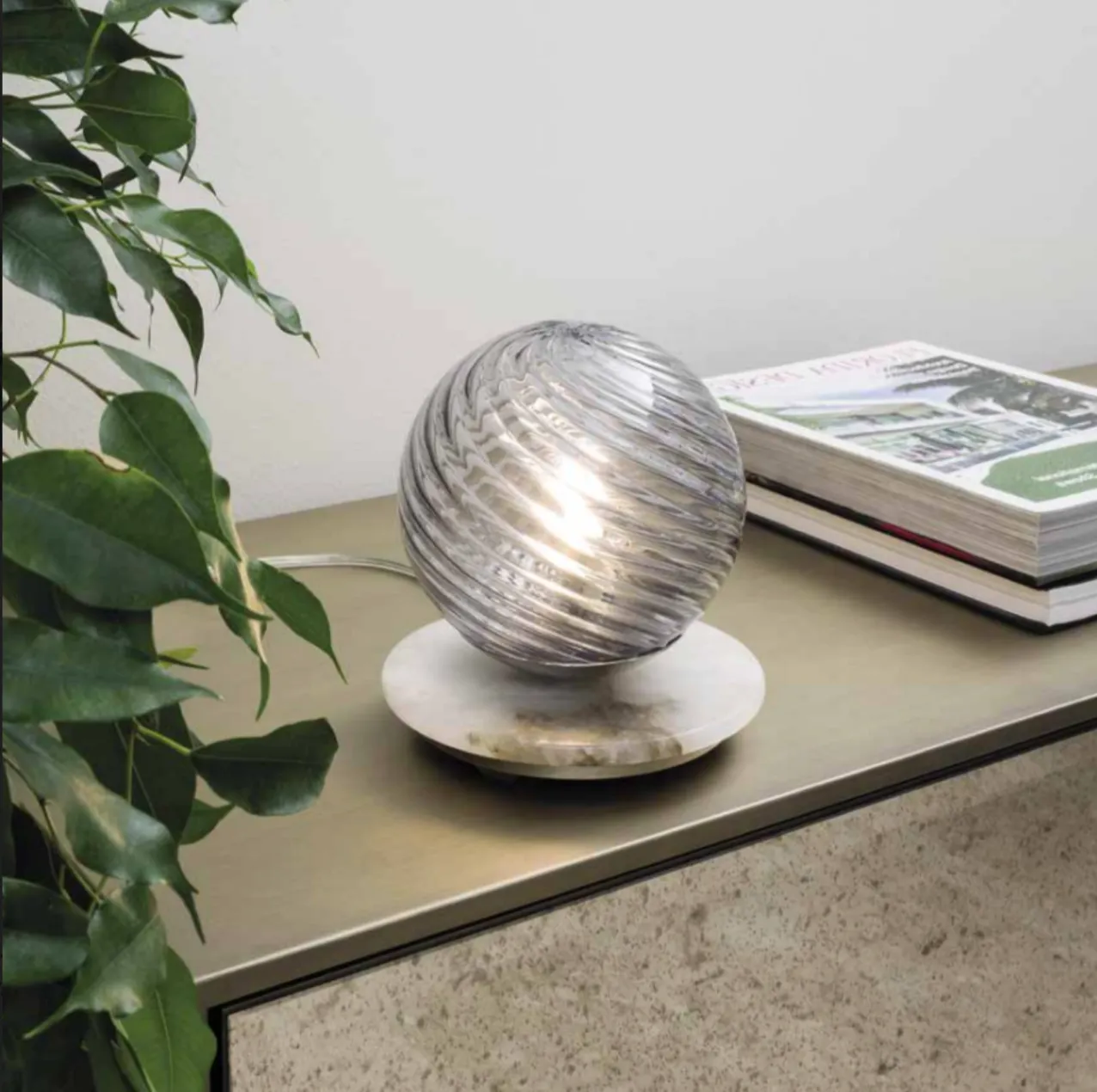 Custom Alabaster Disc Table Lamp & Striking "smoke" glass Murano Glass Sphere
