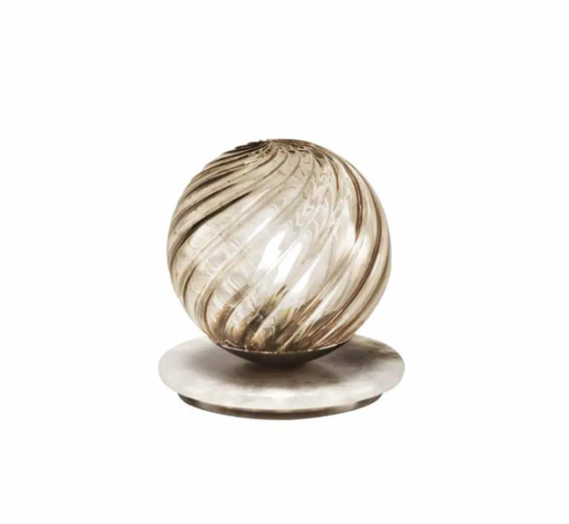Custom Alabaster Disc Table Lamp & Striking "smoke" glass Murano Glass Sphere