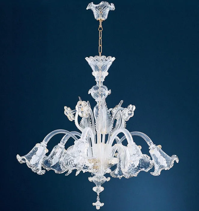 Flamboyant 6 Light Clear Murano Glass 6 Light  Chandelier