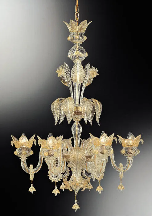 Gold And Clear Glass 6 Light Murano Glass Flower Chandelier