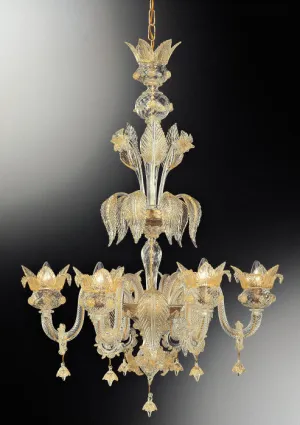 Gold And Clear Glass 6 Light Murano Glass Flower Chandelier
