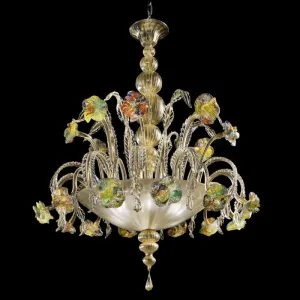 Gold, Clear & Multi-Coloured Murano Glass Flower Chandelier