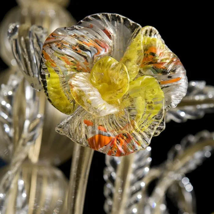 Gold, Clear & Multi-Coloured Murano Glass Flower Chandelier