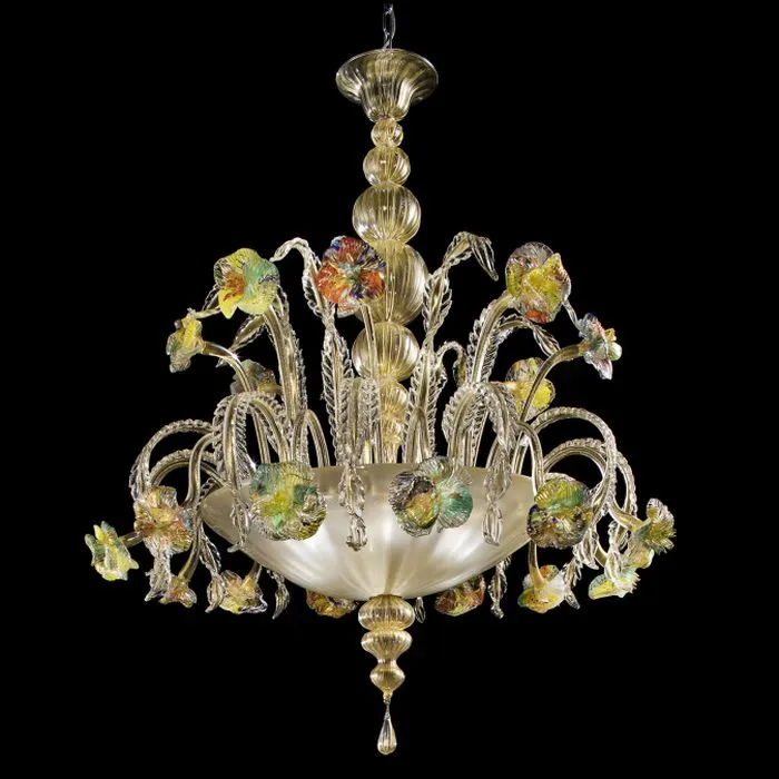 Gold, Clear & Multi-Coloured Murano Glass Flower Chandelier