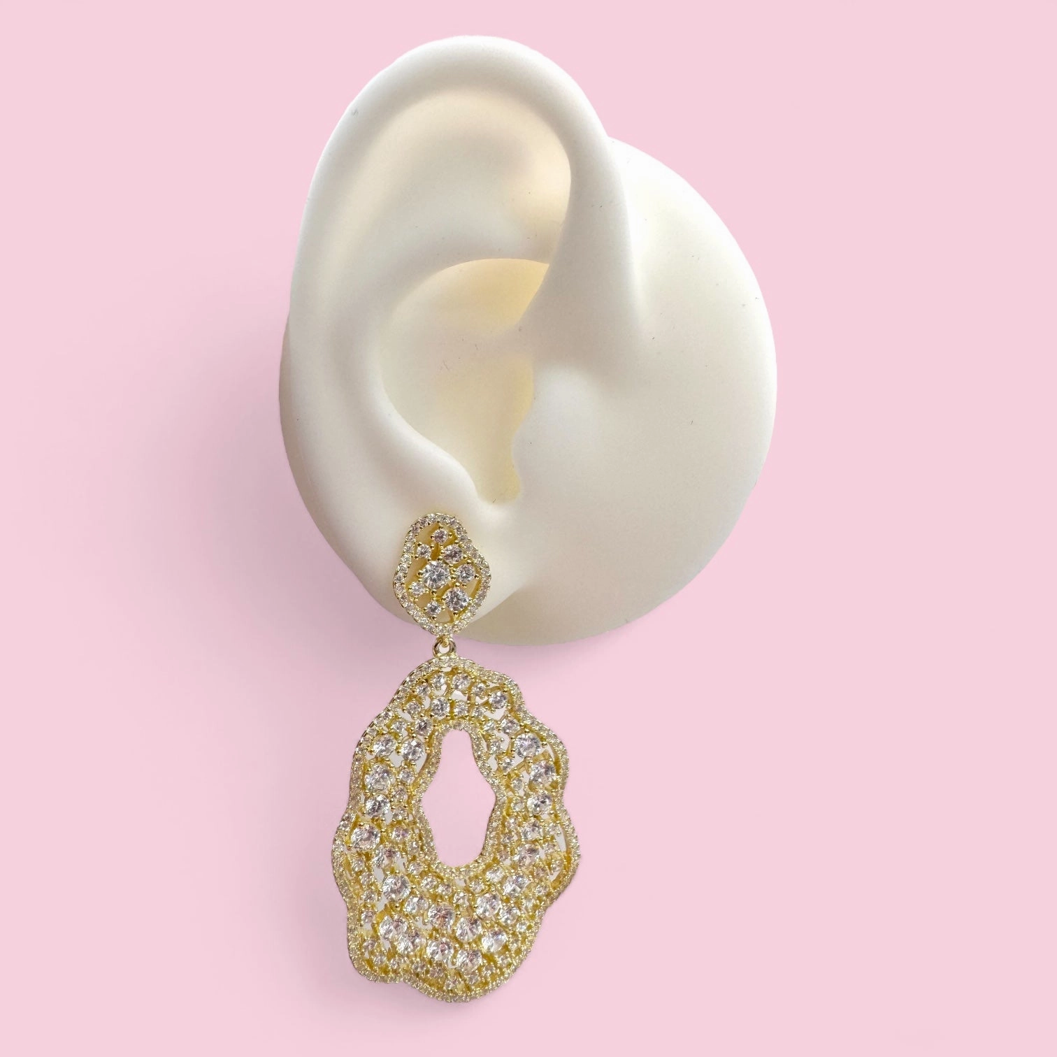 Gold Plated Large Open Oval Hanging Dressy Earring with Scattered CZ Stones Design