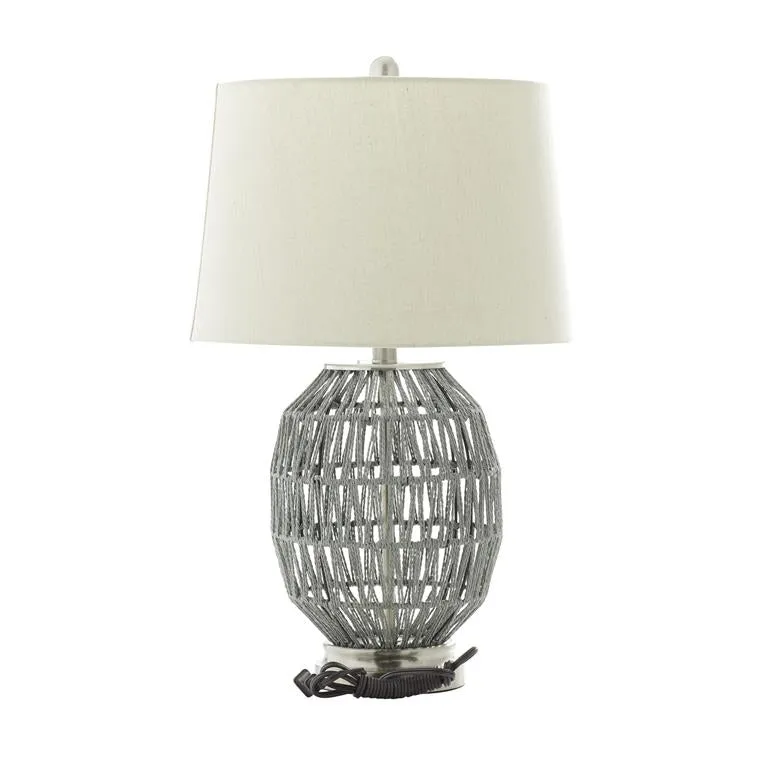 GRAY COTTON TABLE LAMP WITH DRUM SHADE