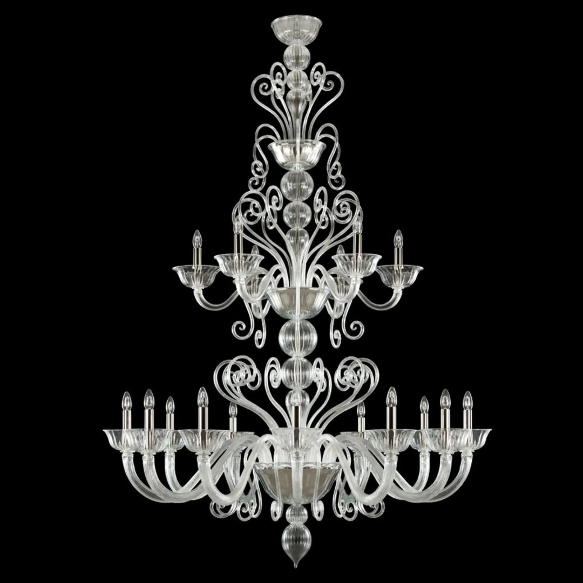 Hand Blown Art Deco Clear Murano Glass Chandelier With Swirls