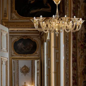 Handcrafted Contemporary Fine Italian Ceiling Pendant Chandelier With Twelve Shades And Murano Glass