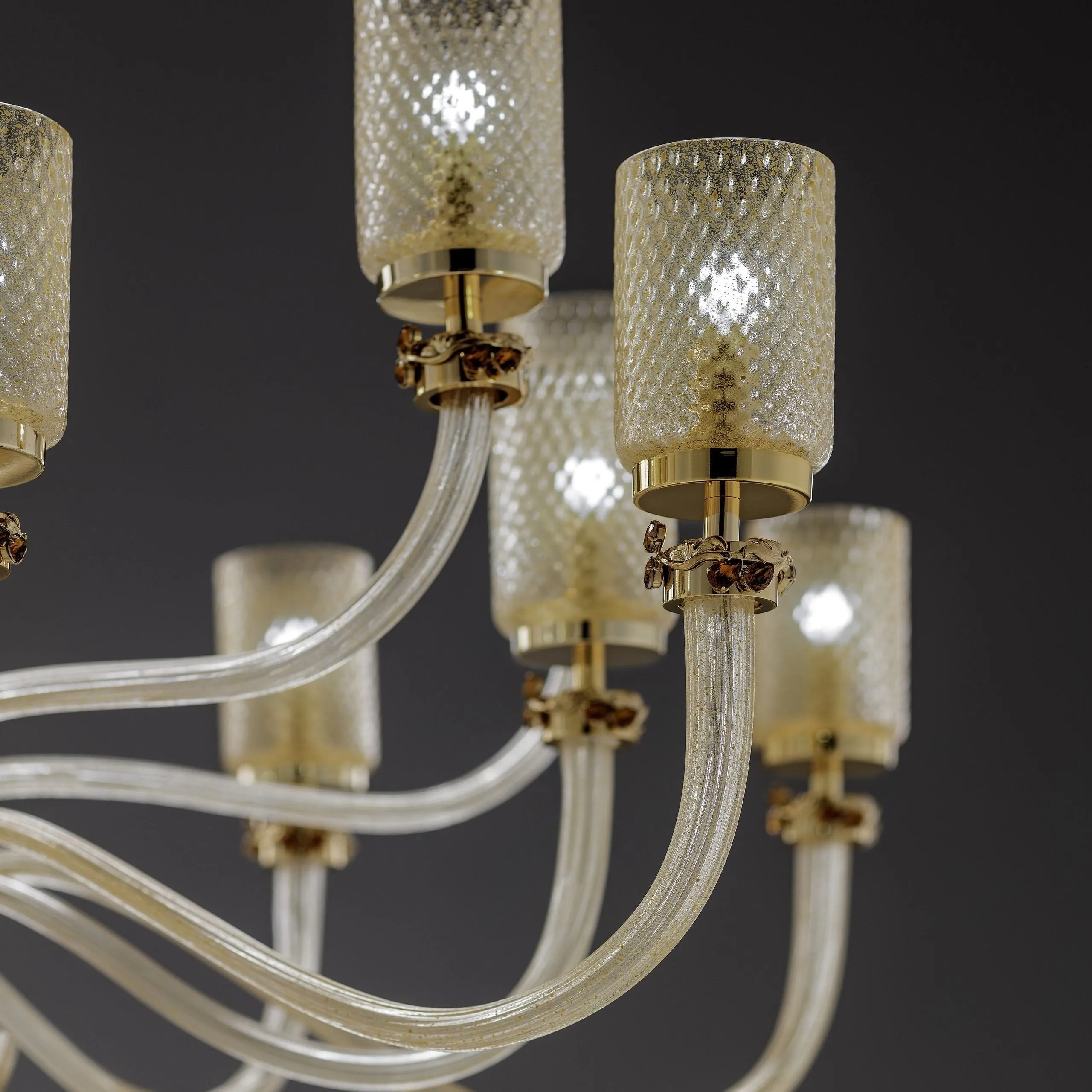 Large Modern Glass Chandelier With Textured Cylinder Shades