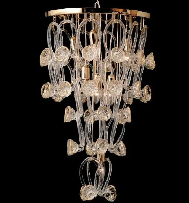 Modern Clear Murano Glass Rose Chandelier With Gold Frame