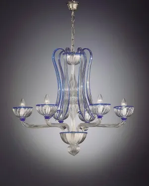 Murano 6 Light Clear Glass Chandelier With Blue Trim