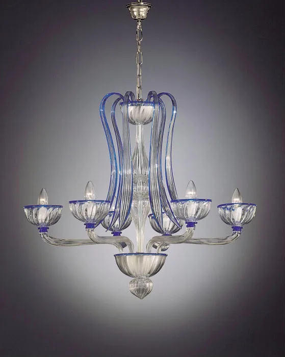 Murano 6 Light Clear Glass Chandelier With Blue Trim