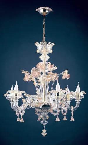Murano Glass Chandelier With Pink And Gold Decorations
