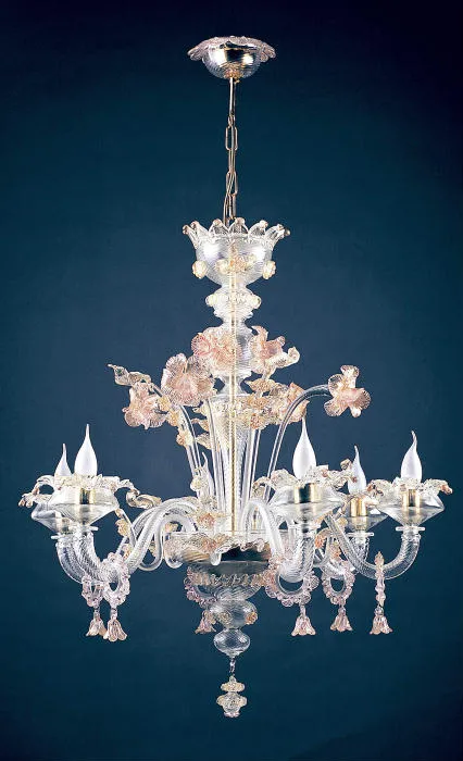 Murano Glass Chandelier With Pink And Gold Decorations