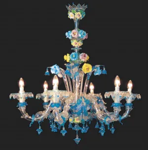 Murano Glass Chandelier With Pink Blue And Yellow Flowers