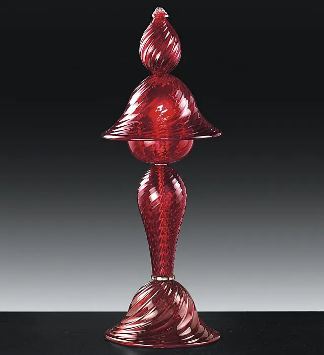 Red Ribbed Italian Glass  Table Light In Classic Venetian Style