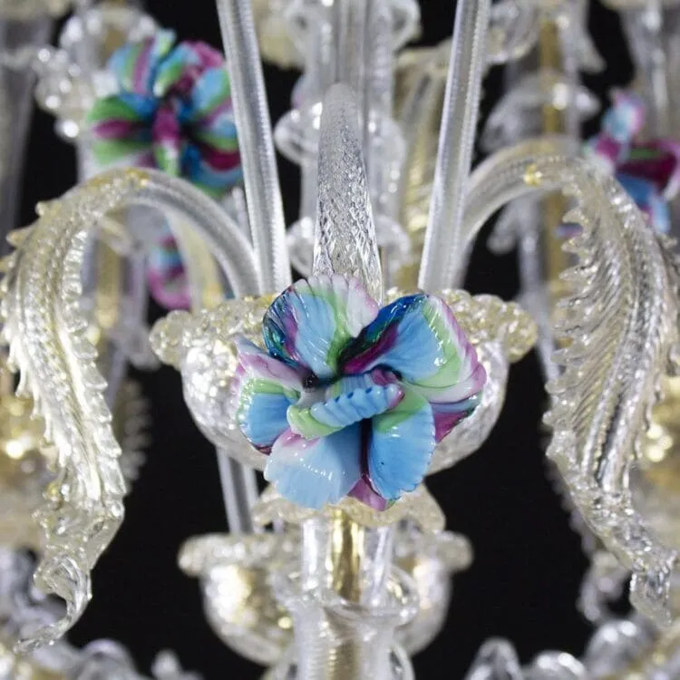 Rezzonico 6 Light Murano Glass Chandelier with Gold and Polychrome Details