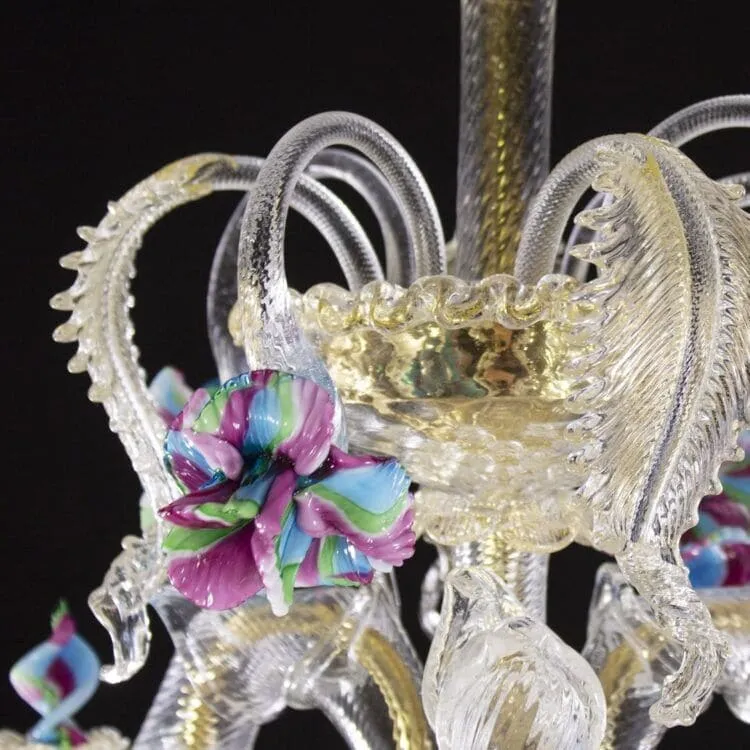 Rezzonico 6 Light Murano Glass Chandelier with Gold and Polychrome Details