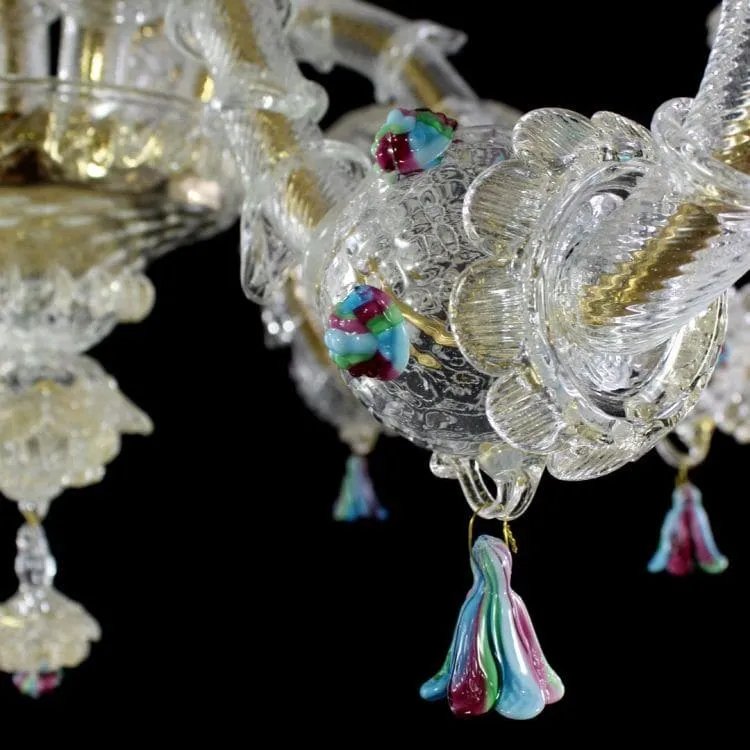 Rezzonico 6 Light Murano Glass Chandelier with Gold and Polychrome Details