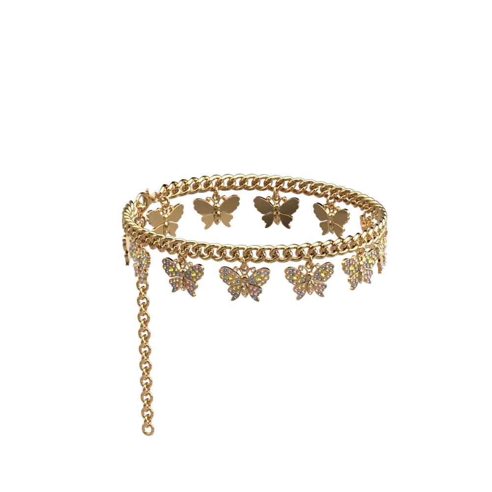 Rhinestone Butterfly Charm Gold Multi Ankle Chain