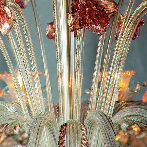 Ruby, Gold & Blue Murano Glass 12 Light Floral Chandelier