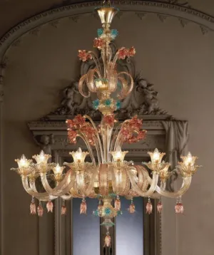Ruby, Gold & Blue Murano Glass 12 Light Floral Chandelier