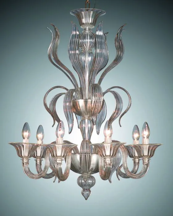 Six Arm Crystal And Amber Glass Chandelier