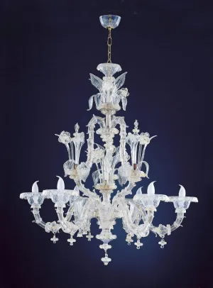 Six Light Clear And Gold Murano Hand-Blown Chandelier