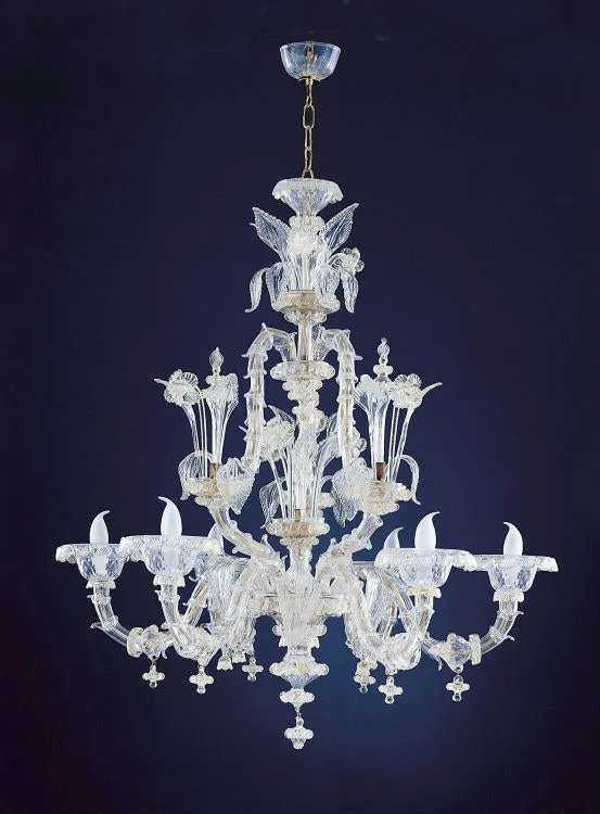 Six Light Clear And Gold Murano Hand-Blown Chandelier