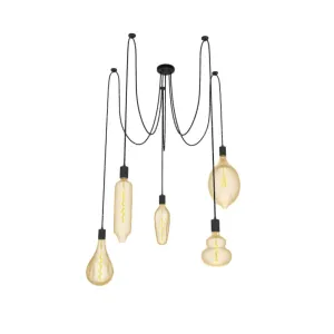 Swag Chandelier: 5 Pendant Black Swag Chandelier with Large Oversized Light Bulbs